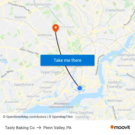 Tasty Baking Co to Penn Valley, PA map