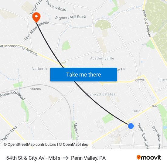 54th St & City Av - Mbfs to Penn Valley, PA map