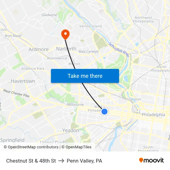 Chestnut St & 48th St to Penn Valley, PA map