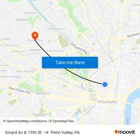 Girard Av & 19th St to Penn Valley, PA map