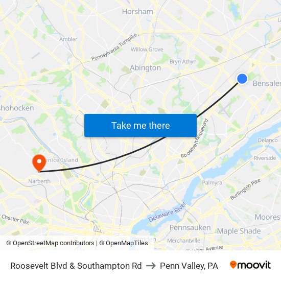 Roosevelt Blvd & Southampton Rd to Penn Valley, PA map