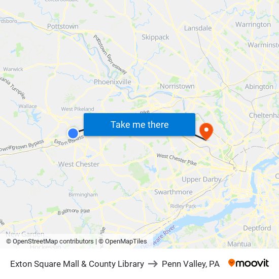 Exton Square Mall & County Library to Penn Valley, PA map