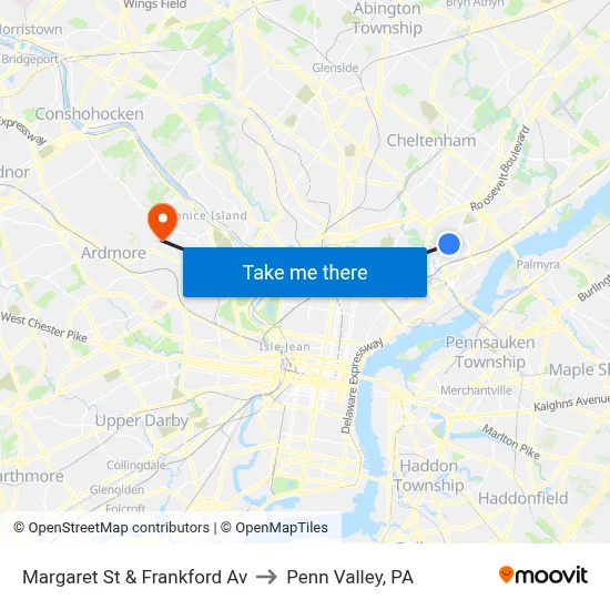 Margaret St & Frankford Av to Penn Valley, PA map