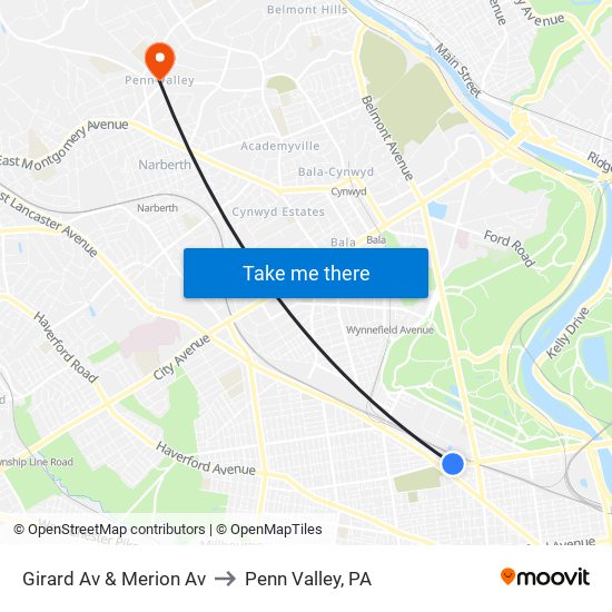 Girard Av & Merion Av to Penn Valley, PA map