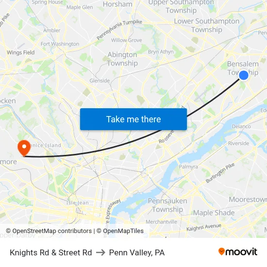 Knights Rd & Street Rd to Penn Valley, PA map
