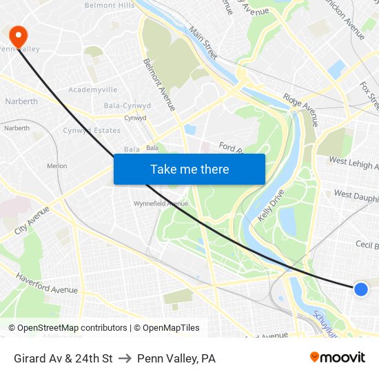 Girard Av & 24th St to Penn Valley, PA map