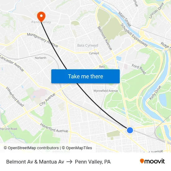 Belmont Av & Mantua Av to Penn Valley, PA map