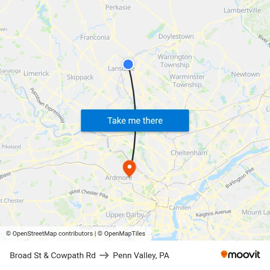 Broad St & Cowpath Rd to Penn Valley, PA map
