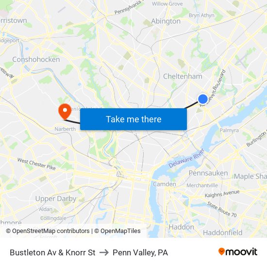 Bustleton Av & Knorr St to Penn Valley, PA map