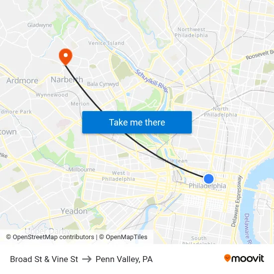 Broad St & Vine St to Penn Valley, PA map