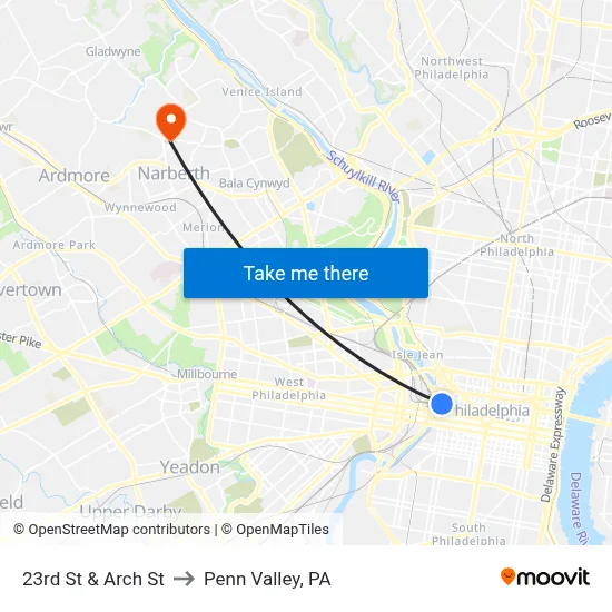 23rd St & Arch St to Penn Valley, PA map