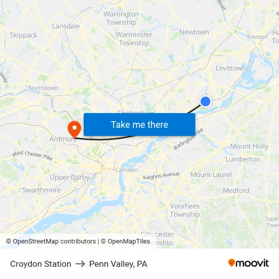 Croydon Station to Penn Valley, PA map