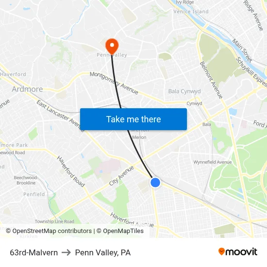 63rd-Malvern to Penn Valley, PA map