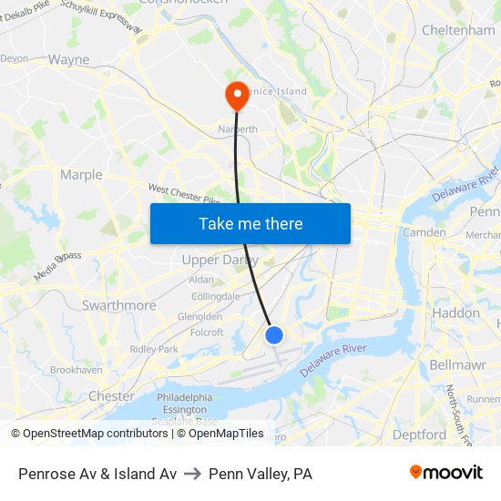 Penrose Av & Island Av to Penn Valley, PA map