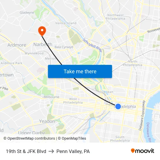 19th St & JFK Blvd to Penn Valley, PA map