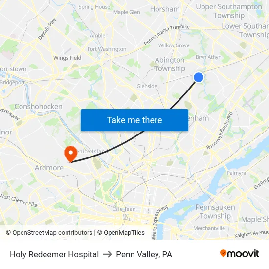 Holy Redeemer Hospital to Penn Valley, PA map