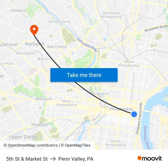 5th St & Market St to Penn Valley, PA map