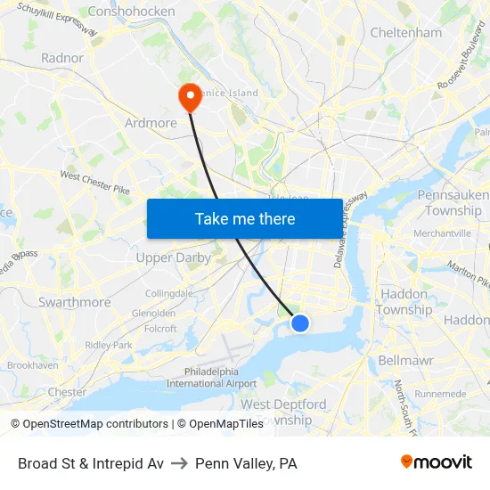 Broad St & Intrepid Av to Penn Valley, PA map