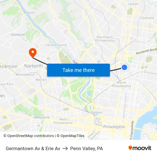 Germantown Av & Erie Av to Penn Valley, PA map