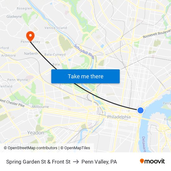 Spring Garden St & Front St to Penn Valley, PA map