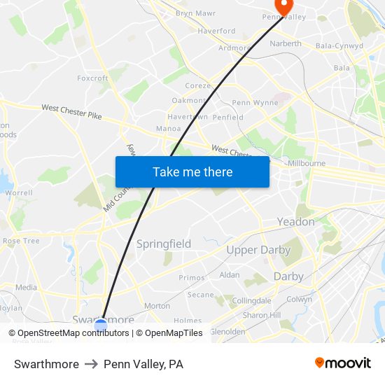 Swarthmore to Penn Valley, PA map