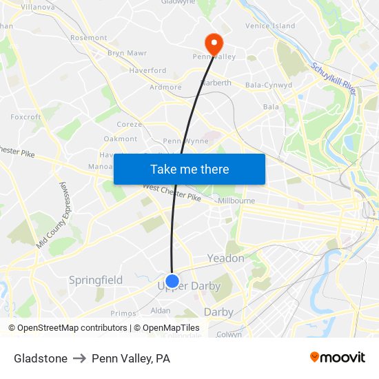 Gladstone to Penn Valley, PA map