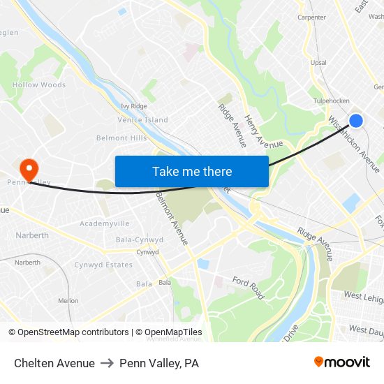 Chelten Avenue to Penn Valley, PA map