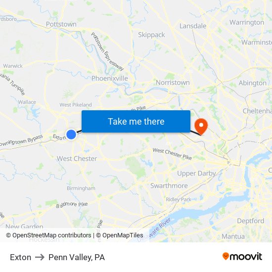 Exton to Penn Valley, PA map