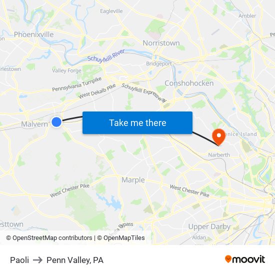 Paoli to Penn Valley, PA map