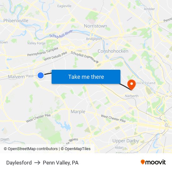 Daylesford to Penn Valley, PA map