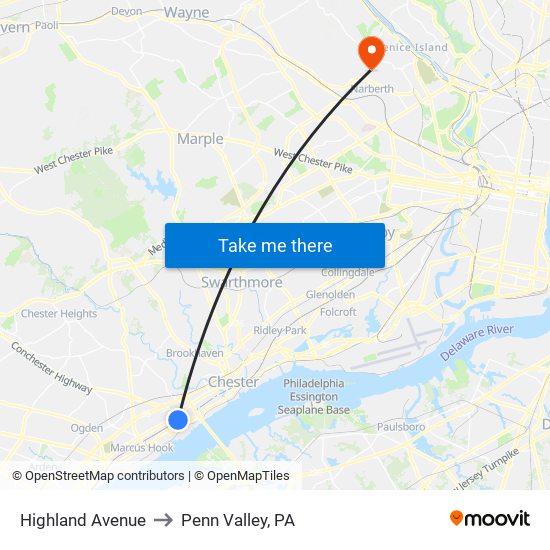 Highland Avenue to Penn Valley, PA map