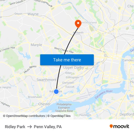 Ridley Park to Penn Valley, PA map