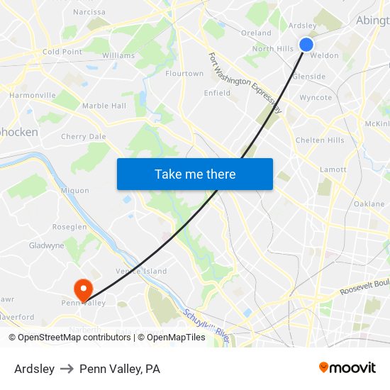 Ardsley to Penn Valley, PA map