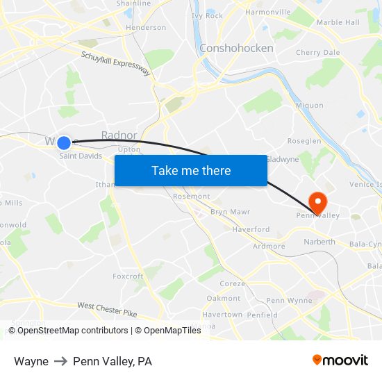 Wayne to Penn Valley, PA map