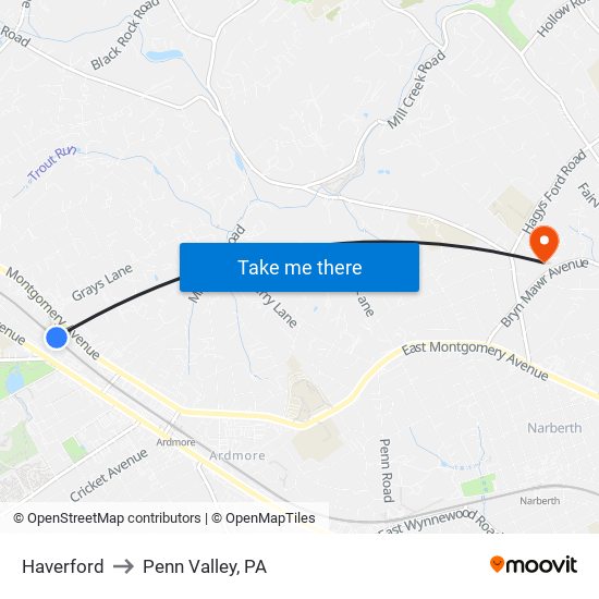 Haverford to Penn Valley, PA map