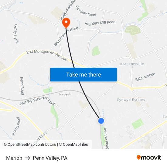 Merion to Penn Valley, PA map