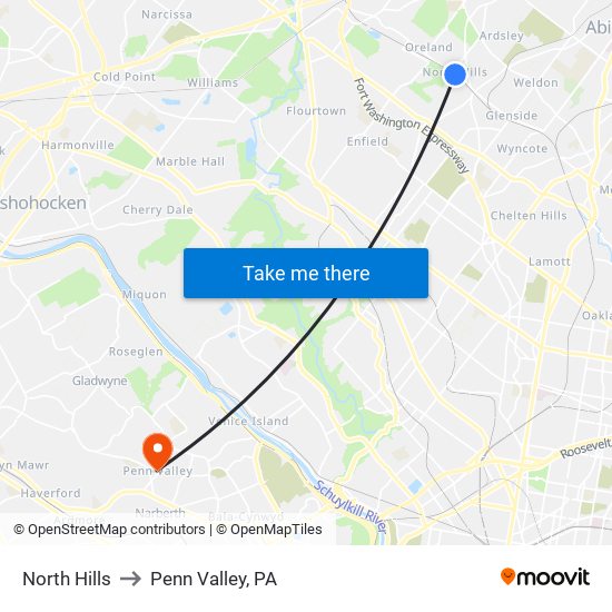 North Hills to Penn Valley, PA map
