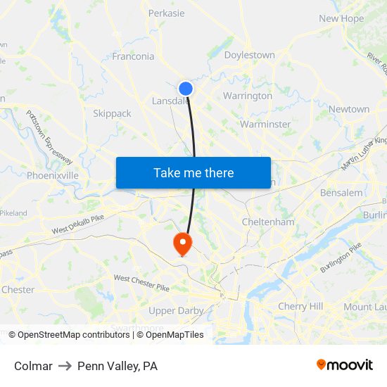 Colmar to Penn Valley, PA map