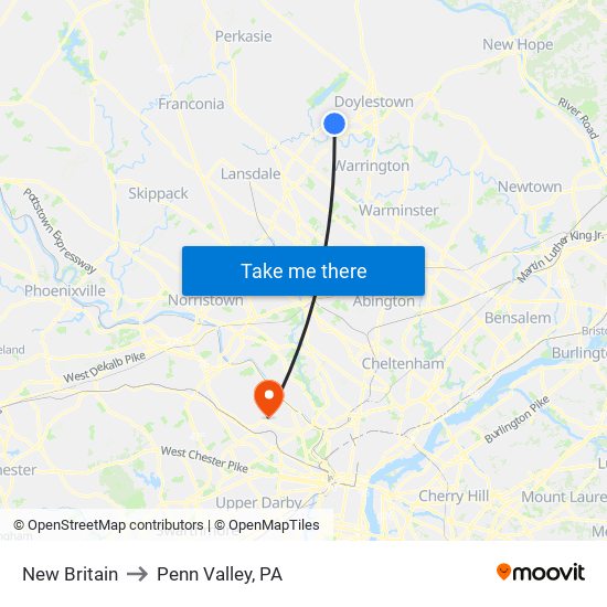 New Britain to Penn Valley, PA map