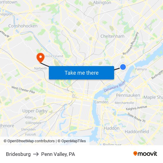 Bridesburg to Penn Valley, PA map