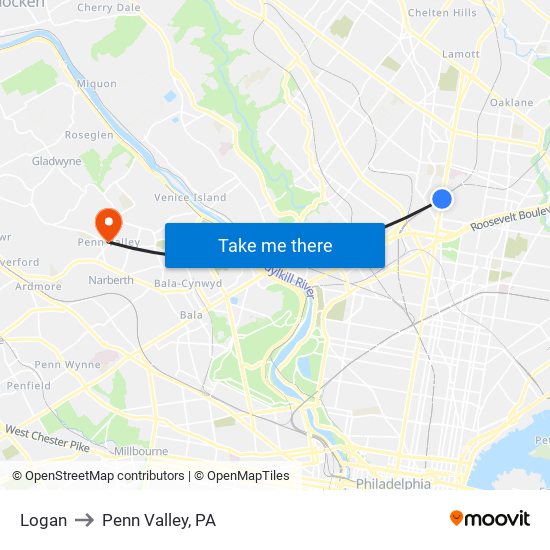 Logan to Penn Valley, PA map