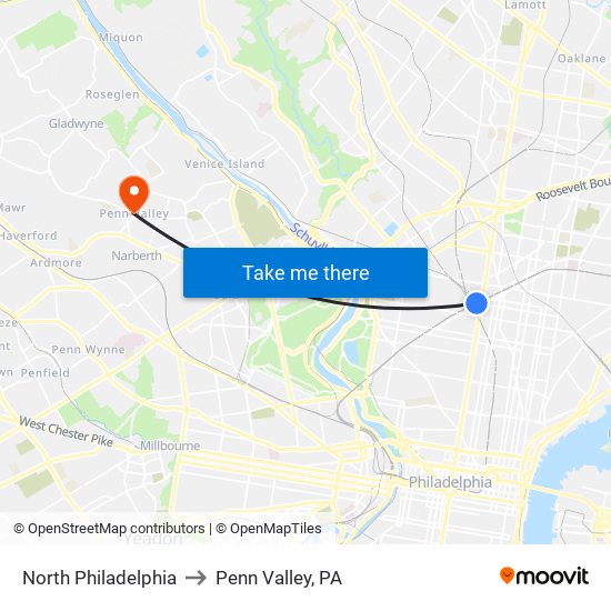 North Philadelphia to Penn Valley, PA map