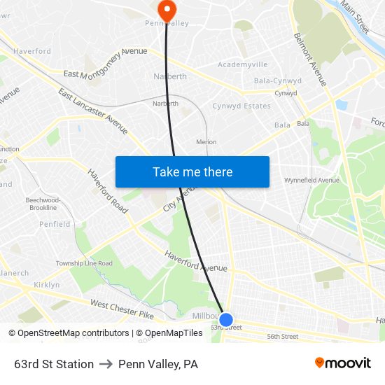 63rd St Station to Penn Valley, PA map