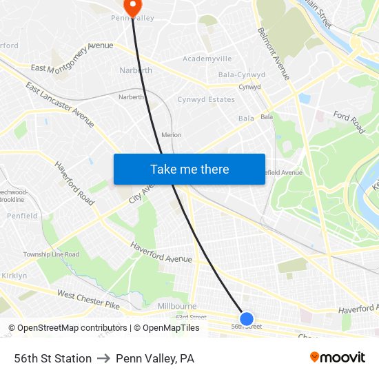 56th St Station to Penn Valley, PA map