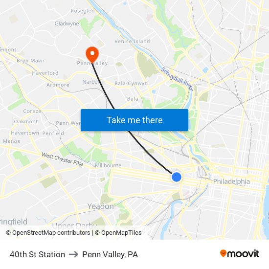 40th St Station to Penn Valley, PA map