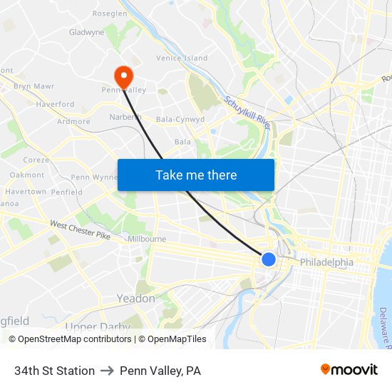 34th St Station to Penn Valley, PA map