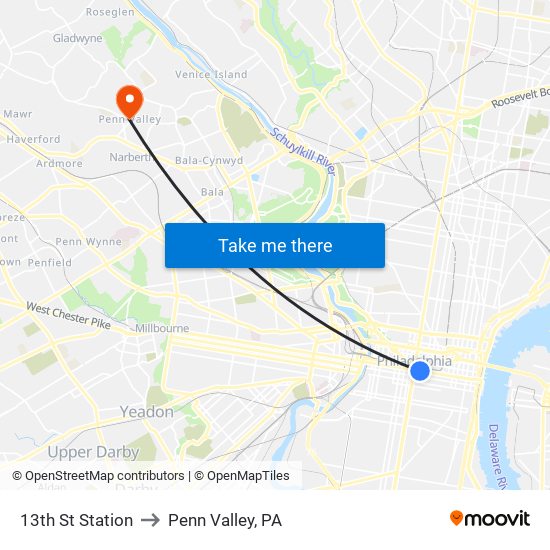 13th St Station to Penn Valley, PA map