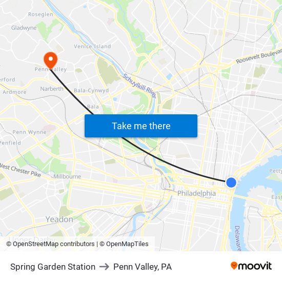 Spring Garden Station to Penn Valley, PA map