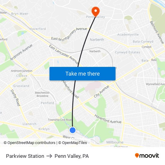 Parkview Station to Penn Valley, PA map