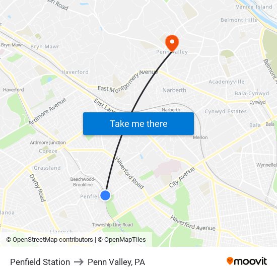 Penfield Station to Penn Valley, PA map